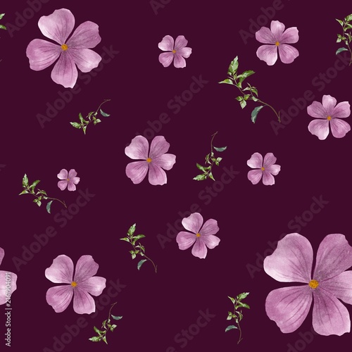 Watercolor Pink Flowers and Green Leaves Seamless Pattern – Dark Purple Background 2