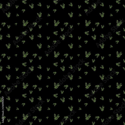 Watercolor Green Leaves Seamless Pattern – Black Background