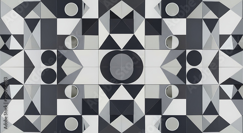 Symmetrical geometric wall art with monochrome tiles and mirrored circles.