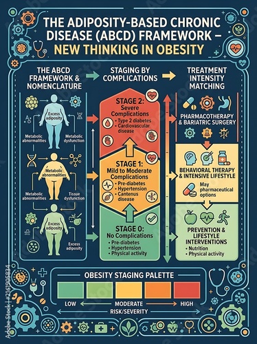Medical infographic showing adiposity based chronic disease framework