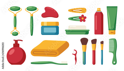 Beauty self care accessories vector collection with massage jade roller gua sha face cream cosmetic brushes lotion isolated flat illustrations set