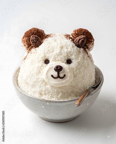 Cute bear shaped shaved ice dessert in a rustic ceramic bowl