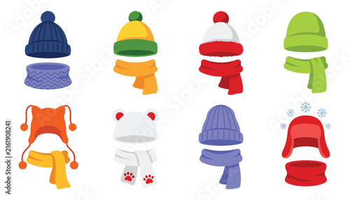 Winter clothing accessories set with colorful knitted beanies hats and warm scarves isolated on white background vector illustration