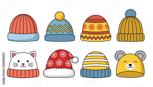 Winter beanie hats collection vector illustration featuring colorful woolen caps santa hat and cute animal designs isolated on white background