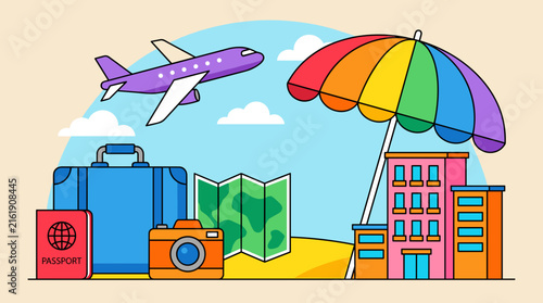 Travel concept illustration with airplane, suitcase, passport, camera, map, and colorful umbrella over buildings.