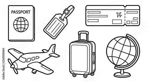 Travel icons: passport, airplane, suitcase, luggage tag, ticket, and globe. Flat design outline graphic elements.