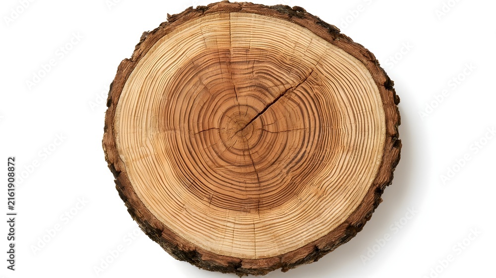 Obraz premium Top view of circular wooden stump showing detailed growth rings with dark bark isolated on white background bg.