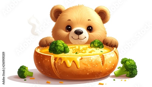 Cute Teddy Bear Enjoying a Warm Bowl of Creamy Broccoli Cheddar Soup in a Freshly Baked Crusty Bread Bowl