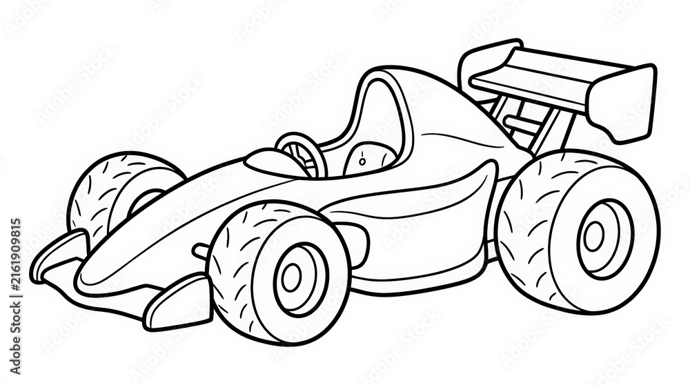 Fototapeta premium Side-quarter view line art of a child's Formula 1 style racing car, black and white illustration for coloring enthusiasts