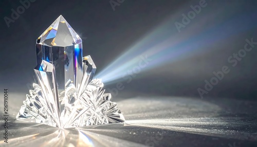 A crystalline structure with light beaming from it against a blurred background
