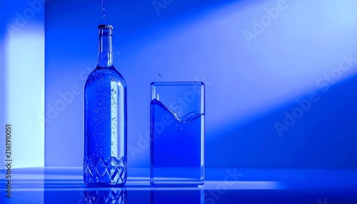 Monochromatic blue still life composition featuring a glass bottle and a half-full drinking glass with splashing water