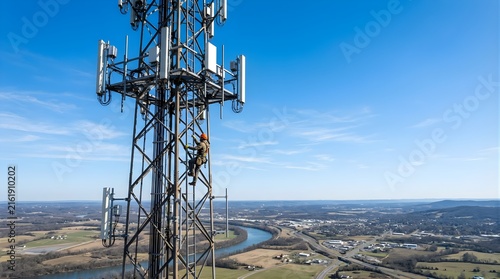 Technician climbing cellular tower to perform maintenance work outdoors