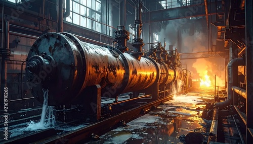 Gritty industrial factory interior with heavy rusty metal machinery glowing furnace and steam in dark atmospheric setting