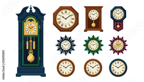 Vintage grandfather clock and antique wall clocks vector illustration collection with roman numerals isolated on white background