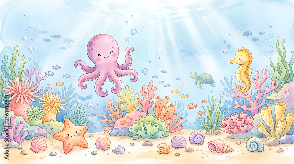 Fototapeta premium Cute watercolor illustration of an underwater sea life scene with octopus and seahorse.