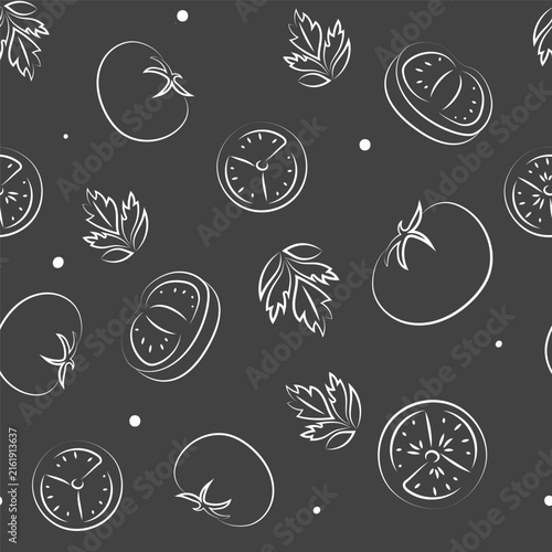 Vector illustration. Juicy summer background. Seamless pattern of halves, slices and leaves of tomatoes. Sketch style. Hand drawn kitchen ingredients in a seamless pattern for culinary themes.