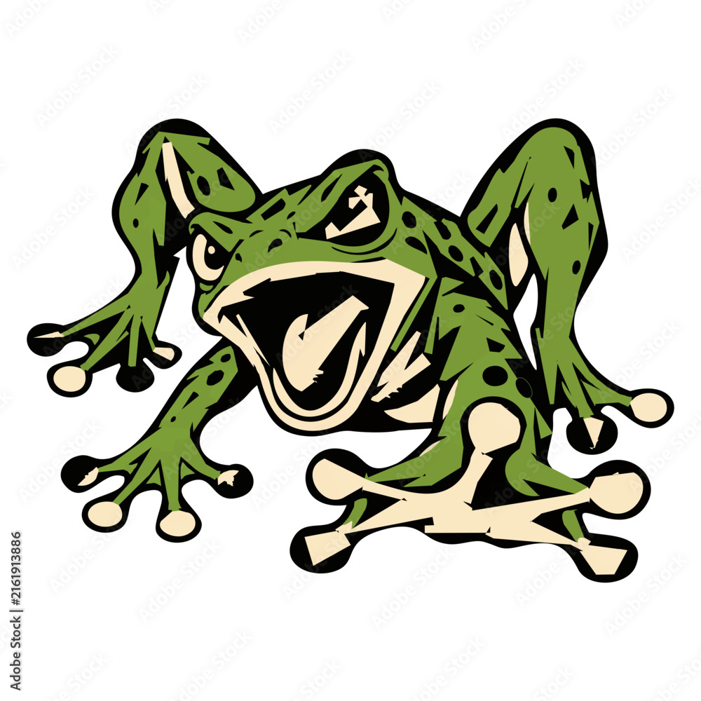 Fototapeta premium Aggressive Green Frog Mascot Cartoon Jumping with Open Mouth Vector Illustration