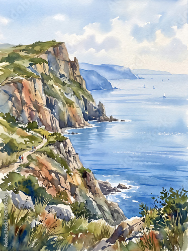 Watercolor landscape painting of steep coastal cliffs overlooking a serene blue ocean.