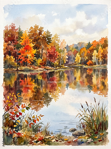 Watercolor painting of a beautiful autumn landscape with a reflective lake.