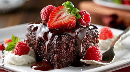 Delicious Gourmet Chocolate Cake Slice with Fresh Toppings