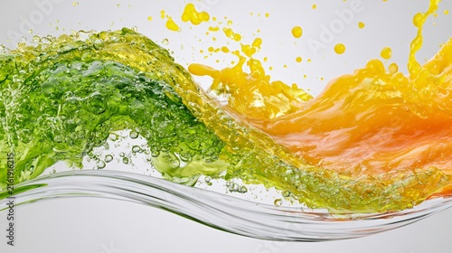 Vibrant Fresh Green and Orange Juice Splash with Yellow Liquid Drop
