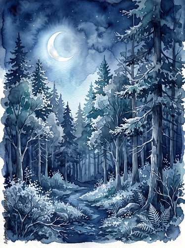 Watercolor painting of a moonlit forest path at night.