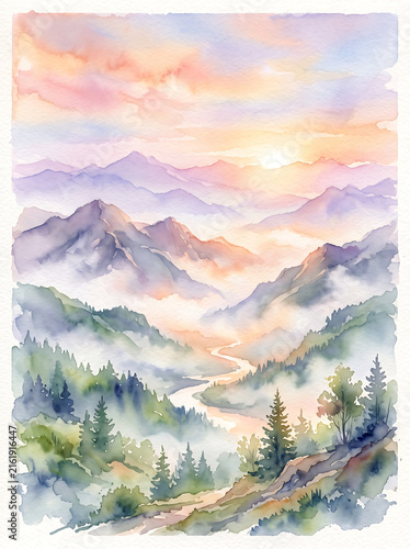 Watercolor painting of a misty mountain landscape at sunrise.