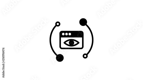 An eye icon placed inside a browser window and connected by small dotted nodes represents website monitoring tracking and constant online surveillance