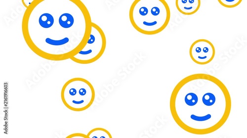 A cluster of overlapping orange and blue smiley face emoji icons represents happy customers positive community sentiment and satisfaction feedback