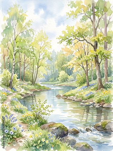 Watercolor painting of a serene river flowing through a lush green spring forest.