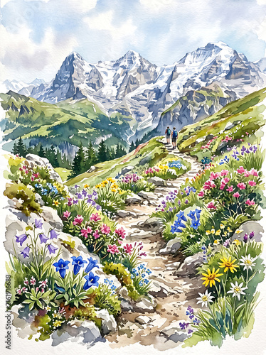Watercolor painting of a scenic alpine trail through vibrant wildflowers with snowcapped mountain peaks in the background.