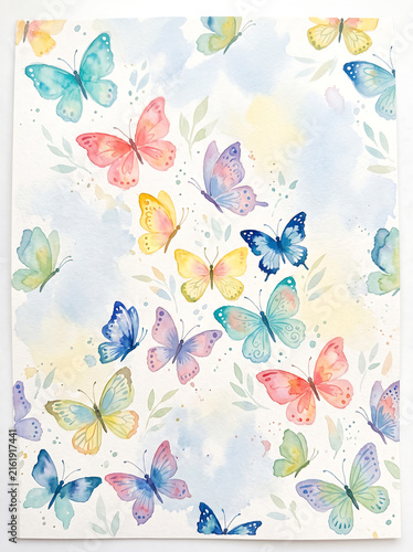 Watercolor painting of colorful butterflies flying in a pattern.