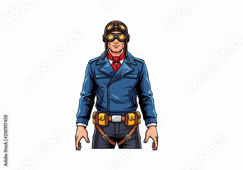 Vintage aviator in blue jacket and goggles standing confidently