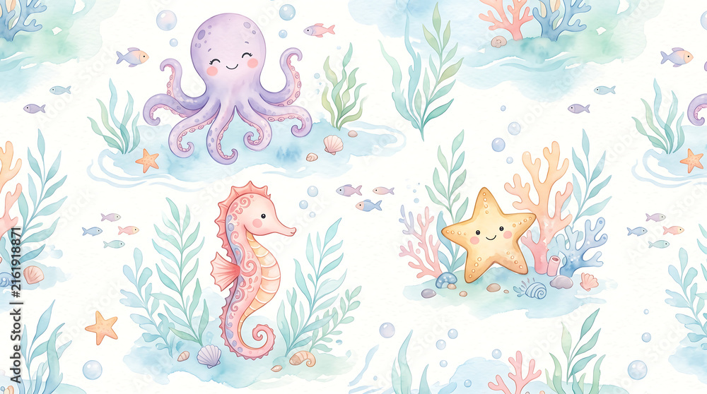 Fototapeta premium Watercolor seamless pattern with cute sea creatures.