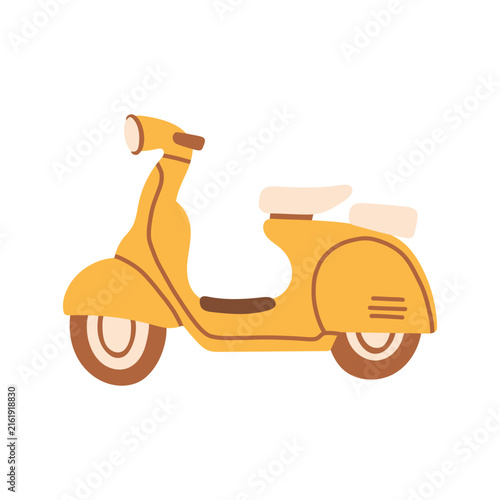 Classic yellow retro moped side view vector illustration with cream seats. Vintage motor scooter graphic element for summer travel, city commute, and sticker designs
