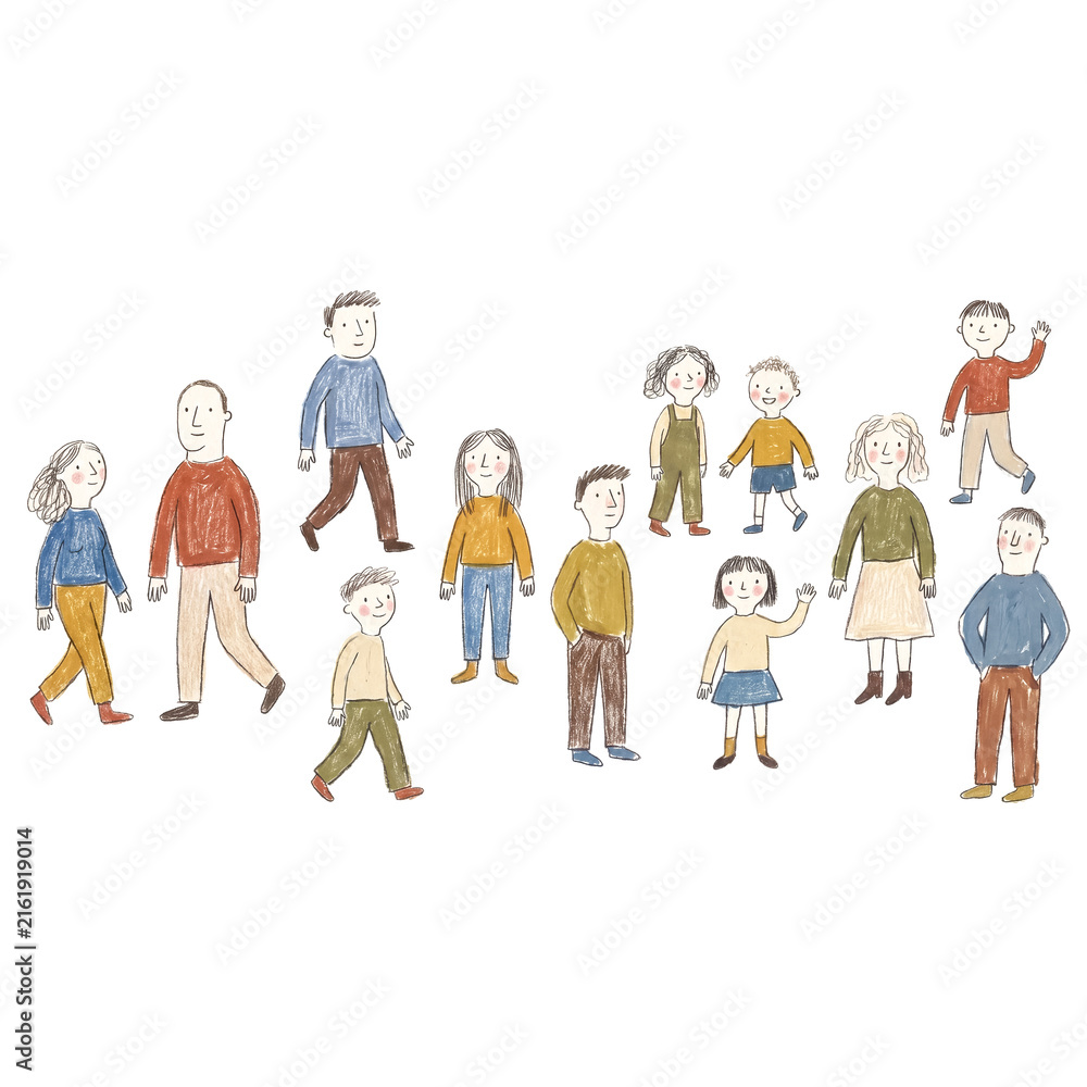 Fototapeta premium Group of diverse illustrated people in a simple hand-drawn style