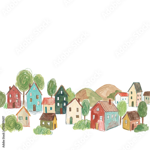 Hand drawn illustration of a colorful village with trees and hills