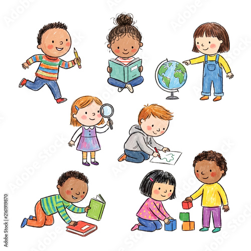 Cute diverse children learning and playing hand drawn illustration