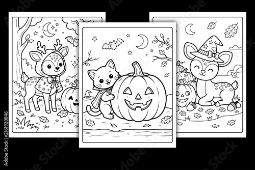 Canvastavla Halloween coloring page with spooky objects, hand drawn cute Halloween coloring
