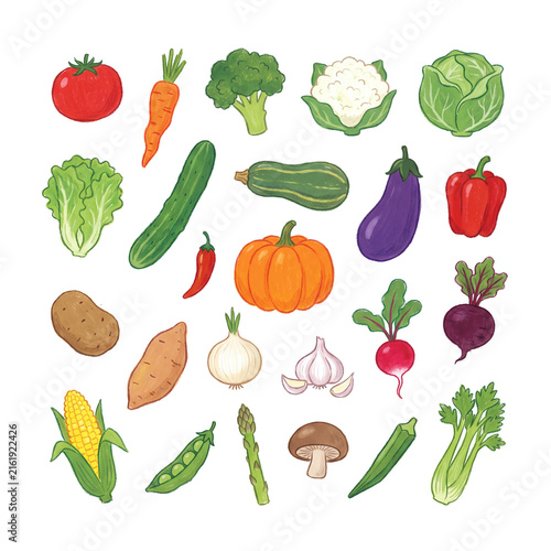 Colorful hand-drawn vegetable collection with various fresh produce, isolated on a transparent background.