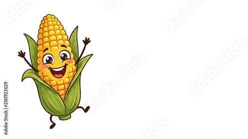 A wildly happy cartoon corn character celebrating with both tiny arms raised, enormous joyful smile, sparkling eyes, rosy cheeks, bright golden kernels, green husk leaves, energetic exaggerated pose, 