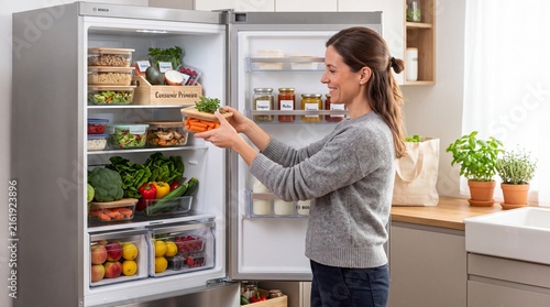 Adult Organizing Fresh Vegetables And Fruits In A Modern Kitchen Refrigerator For Sustainable Food Storage