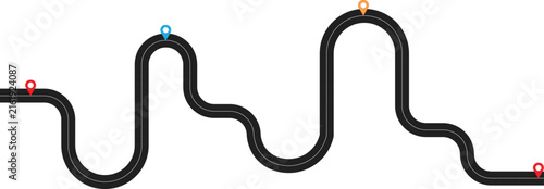 Winding road map with colorful location pin markers