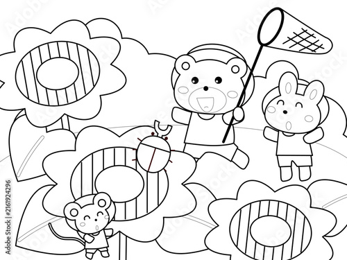 ひまわりと動物たちの塗り絵