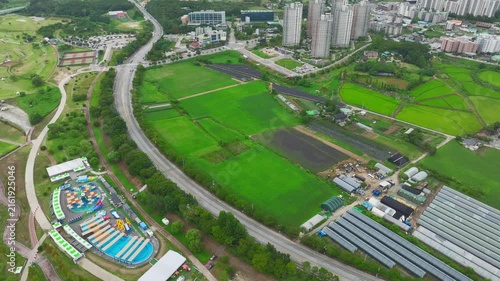 Aerial Drone View of Han River Waterfront and Cityscape in Yeoju, Gyeonggi-do, South Korea