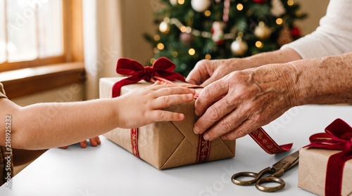 Grandparent and child hands wrapping Christmas gift with red ribbon near decorated tree
