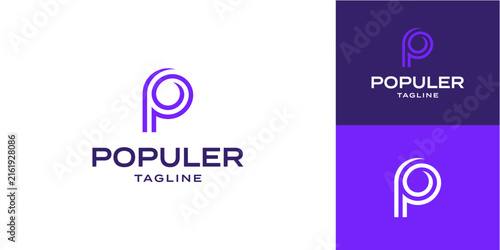 Letter P logo template design features a modern purple outline monogram emblem for corporate branding.