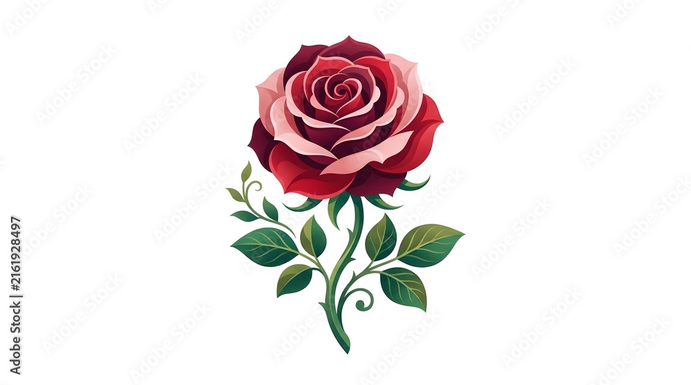 Fototapeta premium Elegant red rose illustration with green leaves on white background