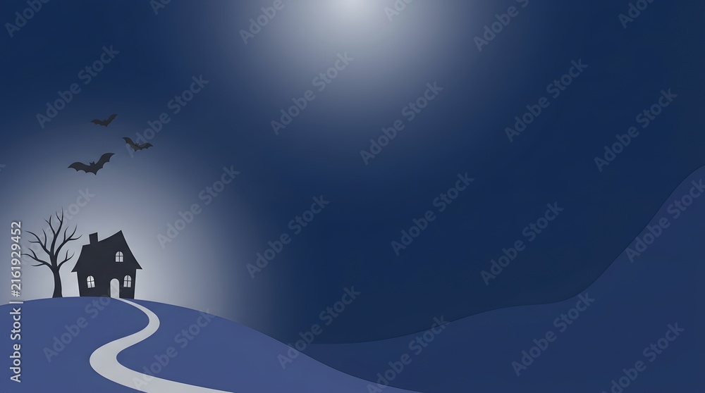 Naklejka premium Spooky Halloween Night Landscape Vector Background With Haunted House Silhouettes And Flying Bats