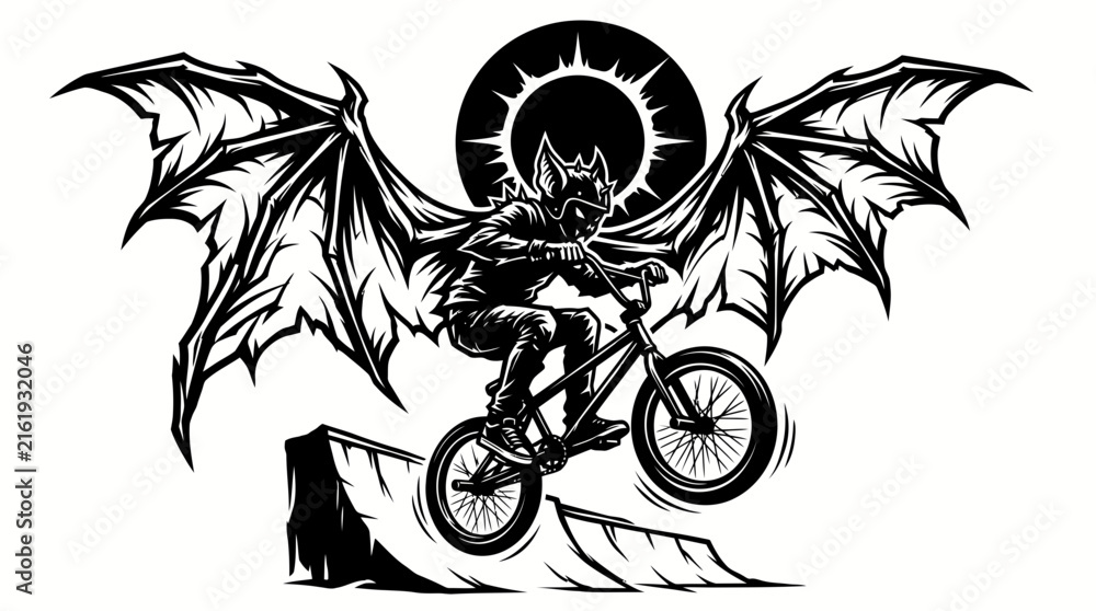 Fototapeta premium Bmx rider with large bat wings performing an extreme jump